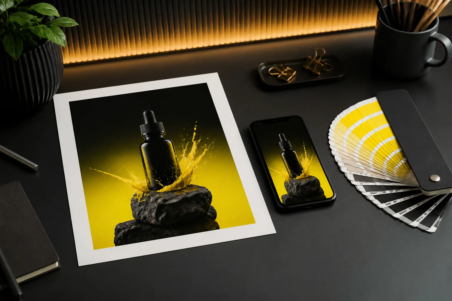 Pencil AI ad creative mockup on a studio desk